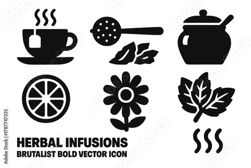 Brutalist Herbal Icons. Herbal Infusions bold vector icon set: herbal teacup, tea strainer, dried leaves, honey pot, chamomile bloom, citrus slice, mint branch, cozy steam.