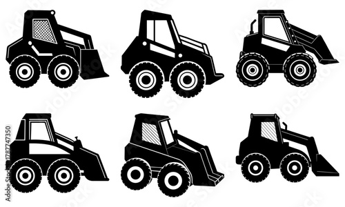 Construction equipment icons for industrial design, modern skid steer loader collection perfect for building site plans and engineering projects