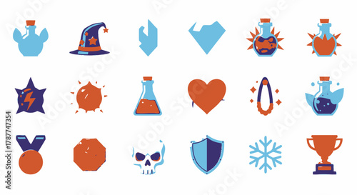 Collection of Pixel Style Fantasy Game Icons Featuring Diverse Elements