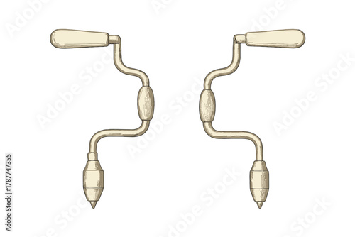 Antique hand brace and bit tools isolated on white background