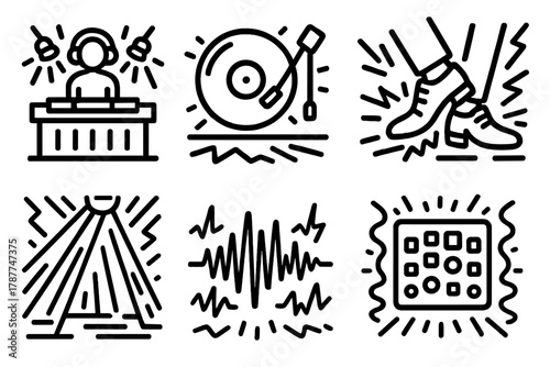Electric Dance Vibes. Electric Dance Scene outline icon set: DJ booth, spinning vinyl, moving lights, dancing shoes, energy lines, pulsing bass, stage glow, rhythm pattern.