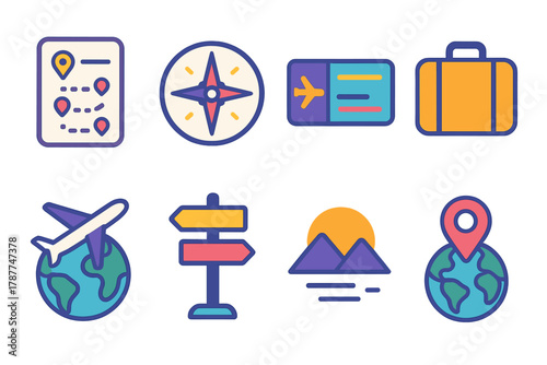 Travel Icons Set. Travel Goals modern flat icon set: travel itinerary, compass rose, boarding pass, luggage, plane flying over globe, road sign, sunset landscape, world destination