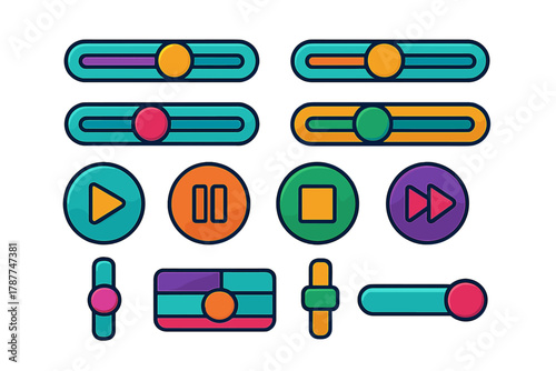 Vibrant media player control icons and adjustable volume sliders collection