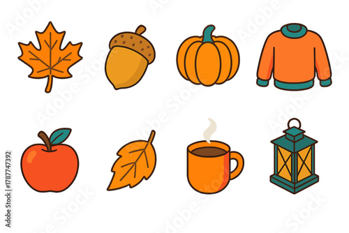 Autumn Essentials Icons. Autumn Timeline modern flat icon set: maple leaf, acorn, pumpkin, cozy sweater, apple, falling leaf, hot drink, lantern.