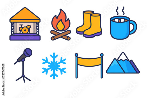 Outdoor Concert Essentials. Outdoor Concert modern flat icon set: tent stage, fire pit, boots, hot cocoa mug, microphone stand, snowflake, banner, mountain backdrop.