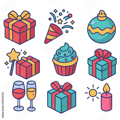 Festive Gift Icons. Festive Gift Notes modern flat icon set: “Happy New Year, ” “Spread the Joy, ” “Sweet Surprise, ” “Holiday Treat, ” “A Little Magic, ” “Cheers to You, ” “Warmest