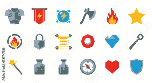Set of colorful medieval game icons with vector format flat design armor, flag, axe