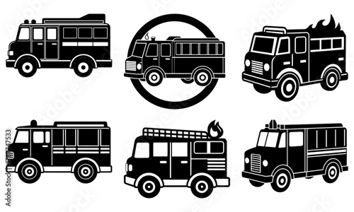 Bold fire truck collection showcasing vintage and modern designs, perfect for emergency services themes, community safety campaigns, and transportation history projects