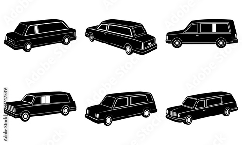 Elegant hearse car icons for funeral service design, vector line art of transportation for mourning, memorial event, or final farewell concepts