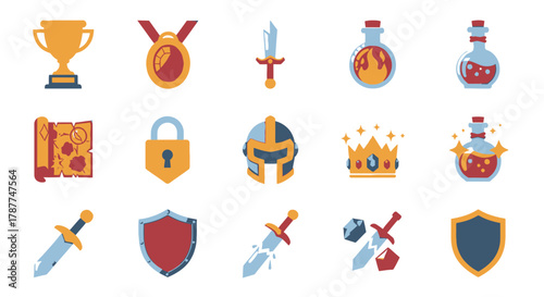 Vector Game Item Collection Adventure Icons for User Interface and Design Projects, Award, Weapon and Magic