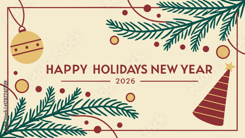 Christmas greetings card with Christmas tree , balloon's  Festive Happy Holidays and New Year 2026 Celebration Vector –.Modern Seasonal Greeting Design in red green background