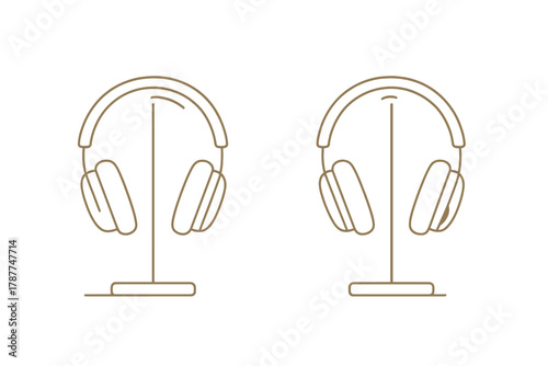 Wireless over-ear headphones resting on display stands line art icons