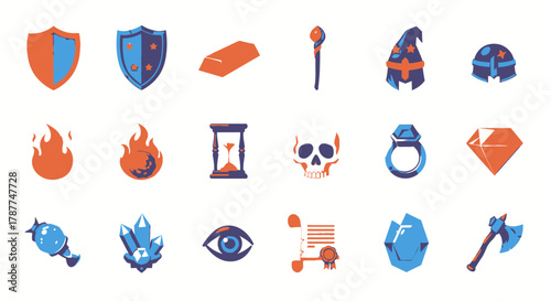 Fantasy Game Assets Shield, Gold, Staff, Hourglass, Skull and Treasure