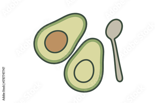 Halved avocado fruit with small spoon icon graphic