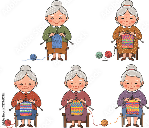 Cartoon elderly women, knitting activity, senior characters, yarn craft, handmade textile, peaceful hobby, seated pose, stock image, creative tradition, illustration