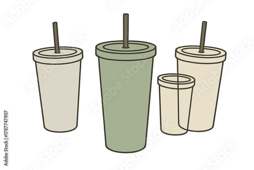 Reusable tumbler cups with lids and straws in muted earth tone colors
