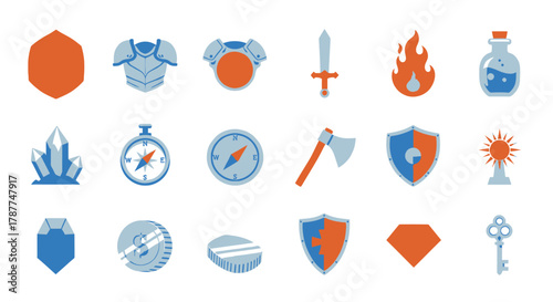 A vibrant collection of flat design fantasy role-playing game icons and adventure elements, perfect for digital interfaces, mobile apps, and interactive projects