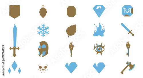 Collection of flat-style icons of different shapes and objects on a white background, ideal for game design