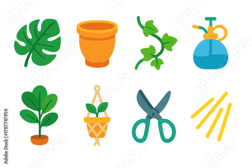 Isometric Botanical Icons. Botanical Corners modern flat icon set: monstera leaf, ceramic planter, ivy strand, mist sprayer, fiddle leaf fig, macrame hanger, plant scissors, light