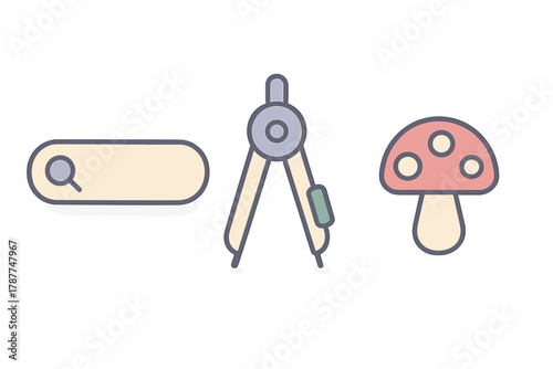 Simple icons set: search bar, drawing compass, and toadstool mushroom