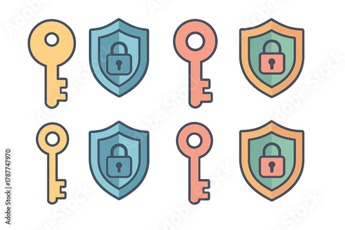 Security icons set with keys shields and padlocks for digital protection