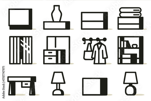 Minimalist Home Icons. Minimal Home bold vector icon set: empty surfaces, single vase, clean countertop, folded blankets, neutral color palette, sunlight through curtains,