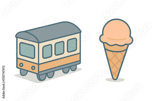 Isometric icons of passenger train car and single scoop ice cream cone
