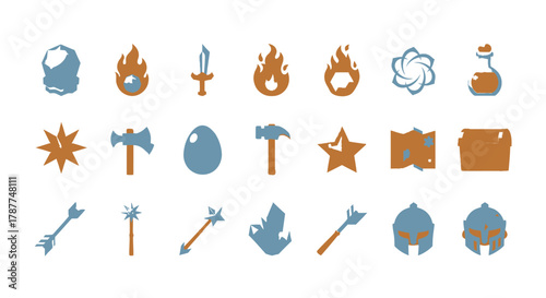 Retro pixel art game icon collection featuring fantasy adventure elements weapons, magic, armor, and treasures. Perfect digital assets for interface design and game development