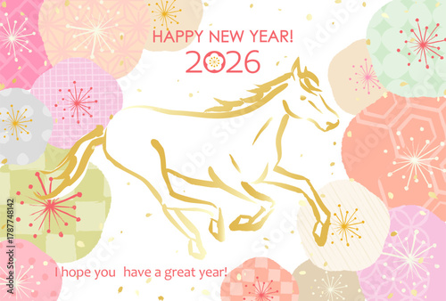 日本の新年のベクターイラスト　2026年　いろいろな和柄の梅の花と馬	