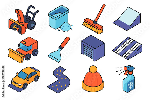 Winter Driveway Essentials. Driveway Protection modern flat icon set: snowblower, salt pellets, wide broom, driveway slope, snowplow passing, ice scraper, garage entrance, cleared