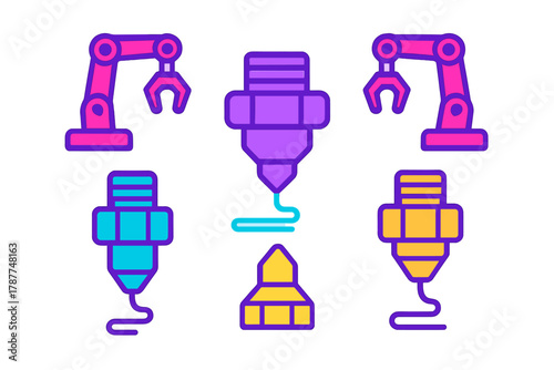 Brightly colored icons for robotic arm and 3D printer extruder