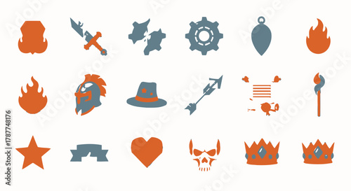 Set of Fantasy Game Icons and Symbols in Orange and Teal Sword, Fire, Gears, and More