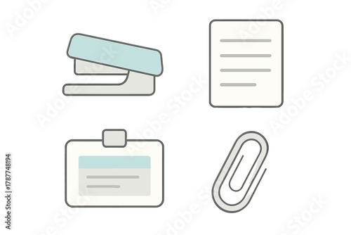 Four essential supplies icons: stapler, document, badge, and paperclip