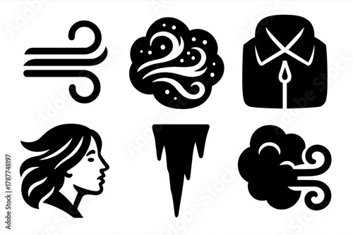 Cold Whispers Icons. Cold Whispers bold vector icon set: curved wind, snow dust, jacket collar, blowing hair, icicle, cloud puff.