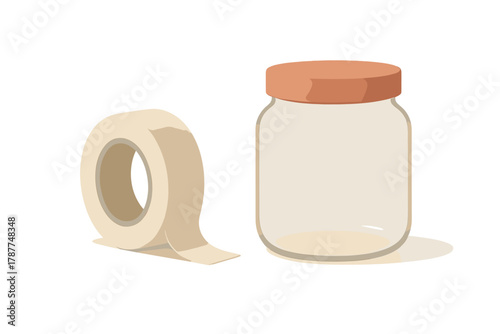 Roll of beige adhesive tape and empty glass jar with terracotta lid