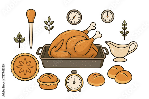 Roasted turkey dinner preparation icons with baking pan and side dishes