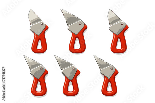 Six small serrated utility knives with bright red handles