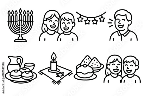 Festival of Lights Icons. Festival of Lights Gathering outline icon set: menorah centerpiece, candle flames, shared laughter, star garland, symbolic foods, holiday cloth,
