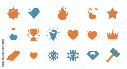 Collection of game icons and symbols for video games and applications, including trophies, hearts, crowns, and weapons
