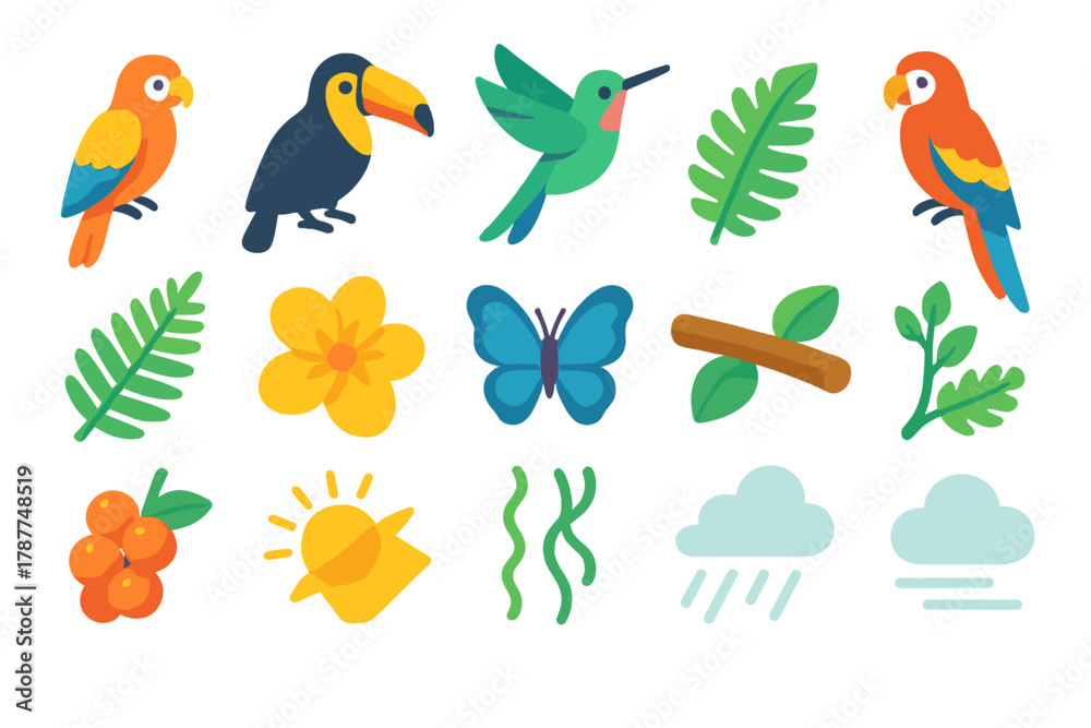 Obraz premium Rainforest Icon Set. Rainforest Aviary modern flat icon set: parrot, toucan, hummingbird, macaw, fern leaf, tropical flower, butterfly, canopy branch, fruit cluster, sunbeam, vines