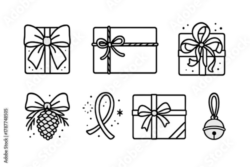 Winter Gift Icons. Winter Gift Ribbon Set outline icon set: satin bow on box, twine string tie, shiny foil ribbon, pinecone accent, snow dust detail, ribbon loop, present corner,