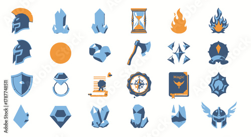 Collection of Fantasy Game Icons and Symbols Shields, Weapons, Gems, and More