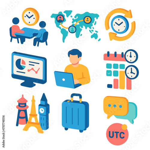 Time Coordination Icons. Professional time coordination icons modern flat icon set: business meeting clock, global collaboration map, time synchronization arrows, network globe,