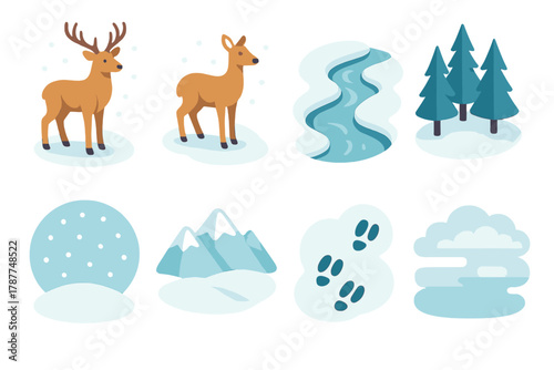 Winter Wildlife Icons. Peaceful Winter Wildlife modern flat icon set: stag with antlers, doe in snow, frozen stream, pine forest, soft snowfall, distant mountains, footprints,