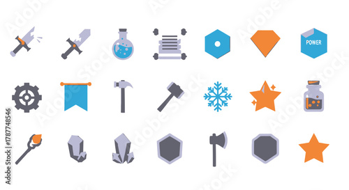 Collection of Fantasy RPG Game Icons Swords, Potions, Scrolls, and More for Game Design
