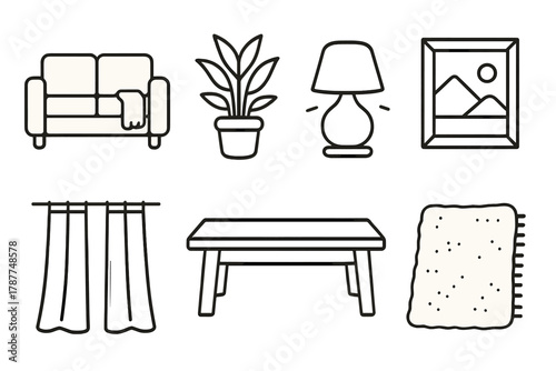 Minimalist Cozy Interiors. Calm Interiors outline icon set: neutral sofa, soft throw, potted plant, glowing lamp, framed art, linen curtains, wooden coffee table, cozy rug.
