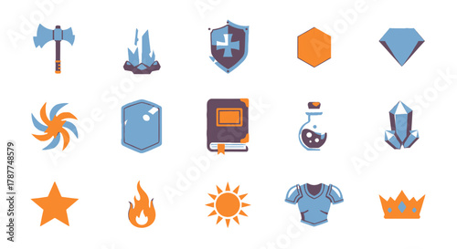 Vibrant pixel art fantasy game icons collection, featuring magical items, weapons, armor, spells, and mystical symbols, ideal for retro game development and digital design