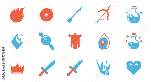 Stylized vector game icons depicting fantasy elements such as magic spells, weaponry, potions, and adventure symbols, ideal for modern digital interfaces and applications