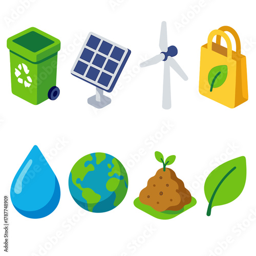 Sustainable Icons Collection. Environmental Sustainability modern flat icon set: recycling bin, solar panel, wind turbine, reusable bag, water droplet, globe, compost heap, leaf.