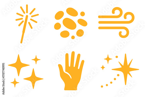 Evening Glow Icons. Evening Glow bold vector icon set: sparkler stick, glowing embers, night breeze, stars, hand silhouette, spark trail.
